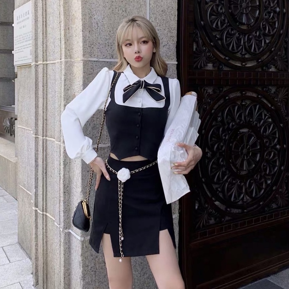 Black White Monochromatic Classic Minimalist Ribbon Button Up Crop Shirt Top